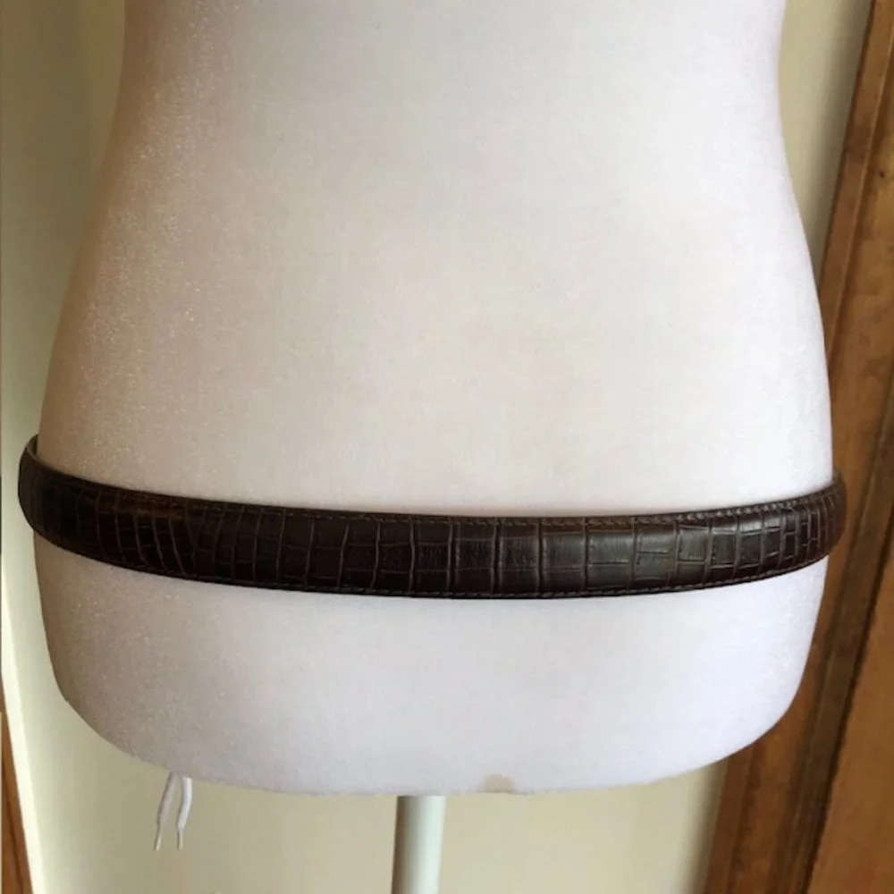 TALBOTS Crocodile Print Brown Western Silver Scroll Buckle Belt Large